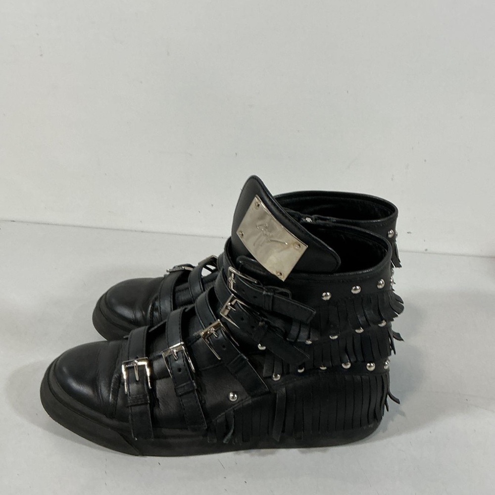 Women’s Giuseppe Zanotti Black Leather Fringe Studded High-Top Sneakers Size 38
